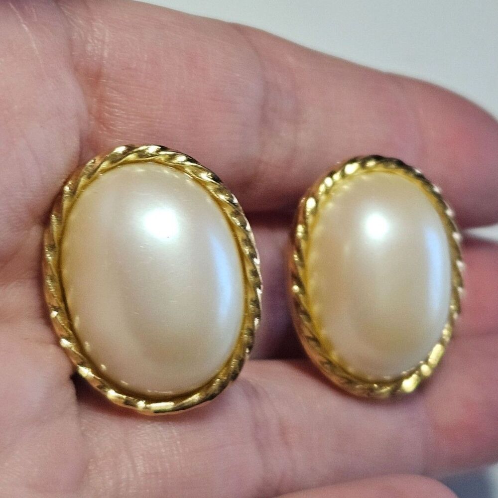 Gold Tone Richelieu Faux Pearl Oval Earrings Vintage
